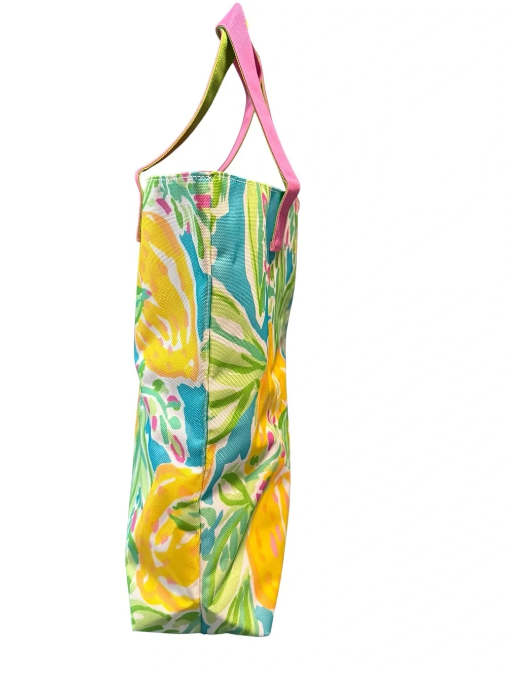 Lilly Pulitzer Yellow Lemon Print Tote with Pink & Green Handles Pool Beach NWOT